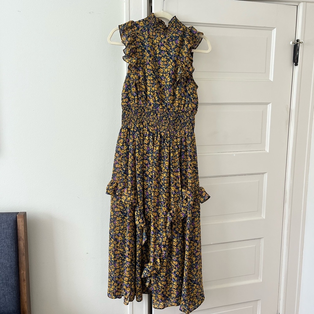 Lulu's Floral Ruffle Midi Dress - Yellow and Blue